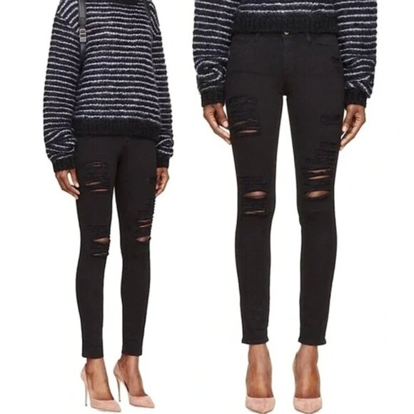 FRAME DENIM Le Skinny de Jeanne Ripped Denim Jeans Black Ripped Skinny Jeans 27 - Picture 1 of 15